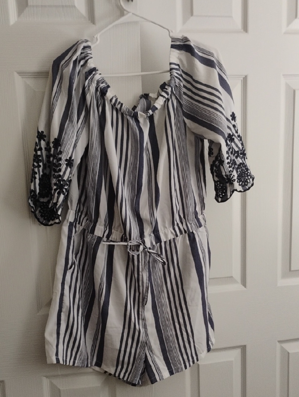 Striped Navy and White Off-Shoulder Romper
